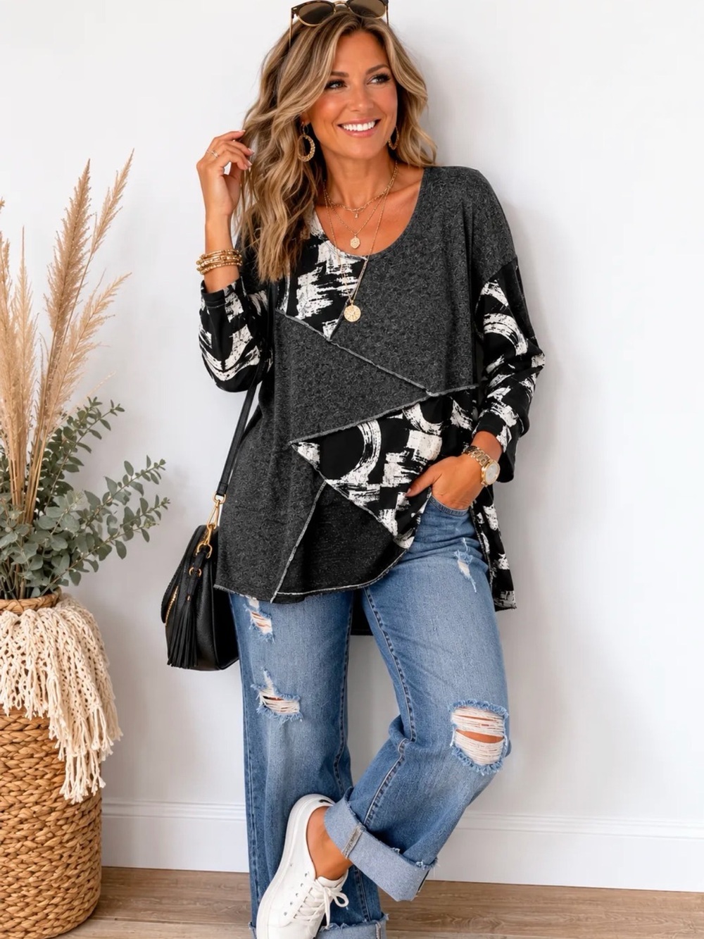 Women's Charcoal and Black Layered Print Long Sleeve Tunic